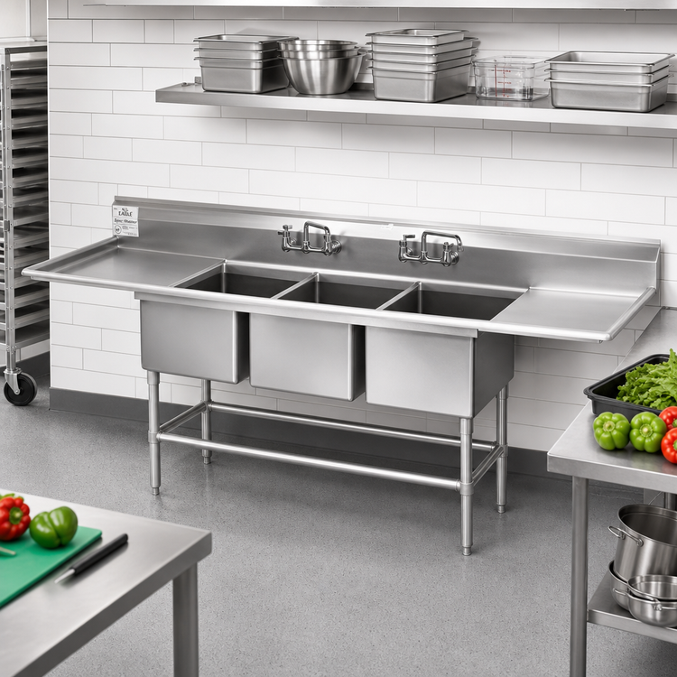 Product image #2 for Eagle Spec-Master FN Series 3-Compartment Coved Corner Sink with 18-Inch Left Drainboard, 16 x 20 x 14-Inch Bowls, 14-Gauge Stainless Steel