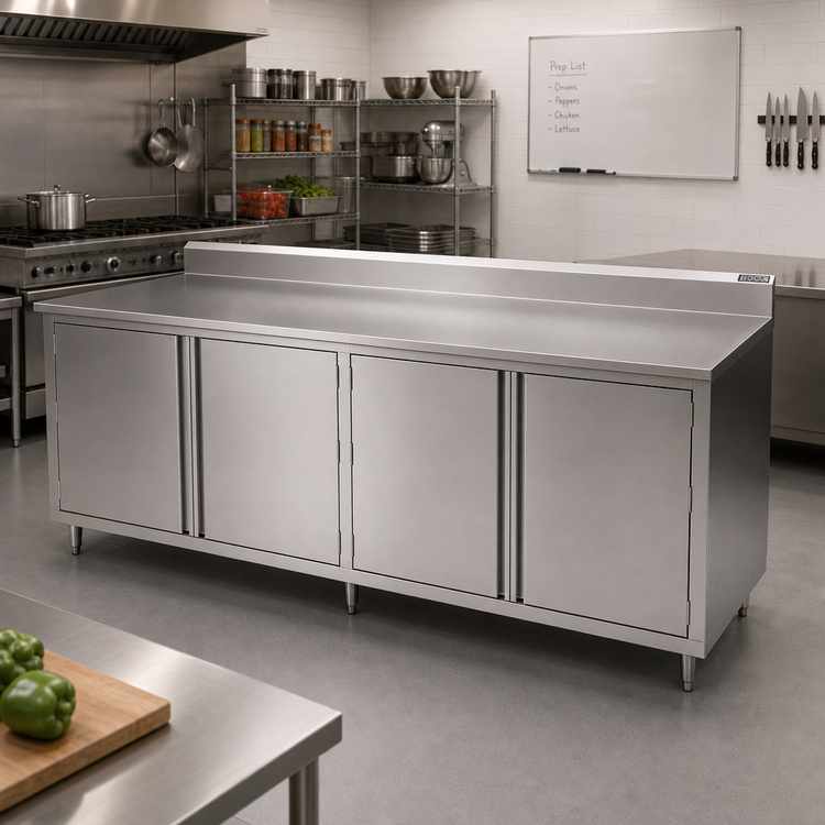 Product image #2 for John Boos 120" x 30" Enclosed Base Work Table with Hinged Doors and 5" Backsplash