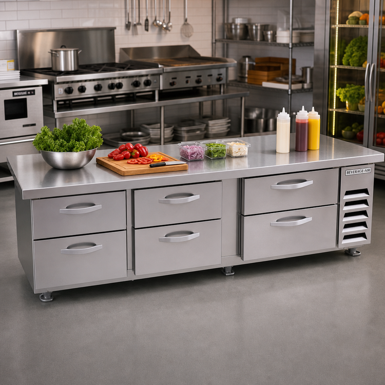 Product image #3 for Beverage-Air Three-Section Worktop Cook Stand Refrigerator, 120-Inch, 24.36 Cu. Ft., 6-Drawer, Marine Top, Stainless Steel, Side-Mounted Self-Contained