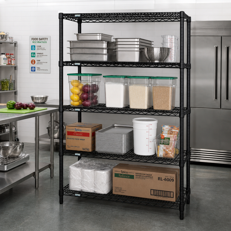 Product image #2 for Quantum Stationary Wire Shelving Starter Kit, 72"W x 21"D x 74"H, Black Epoxy Antimicrobial Finish