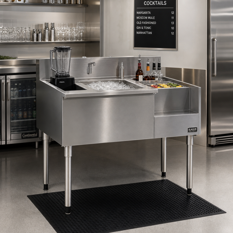 Product image #2 for Eagle Group 1800 Series 50-Inch Underbar Ice Bin/Cocktail Station with Center Ice Bin, Right Bottle Well and Left Blender Recess