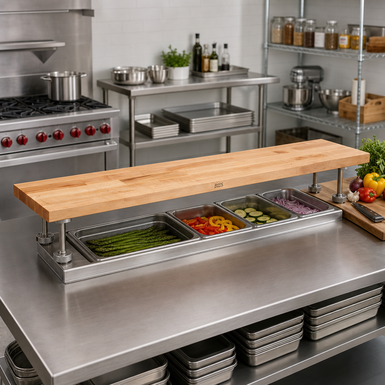 Product image #2 for John Boos Steam Table Cutting Board with Adjustable Stainless Steel Supports, 60" x 10" x 1-3/4", Edge Grain Northern Hard Rock Maple