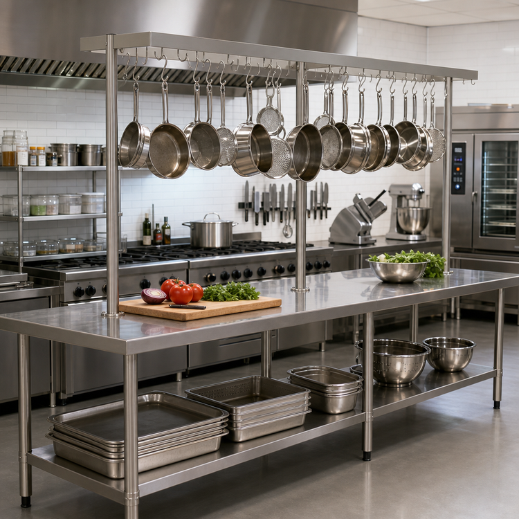 Product image #2 for 115-1/4-Inch Wide Square Table-Mounted Stainless Steel Pot Rack with 30 Double Hooks