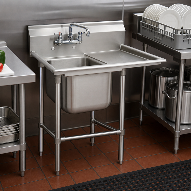 Product image #2 for Advance Tabco Regaline Single Compartment Sink with Right-Hand Drainboard, 20 x 20 x 14 Inch Bowl, 14 Gauge 304 Stainless Steel