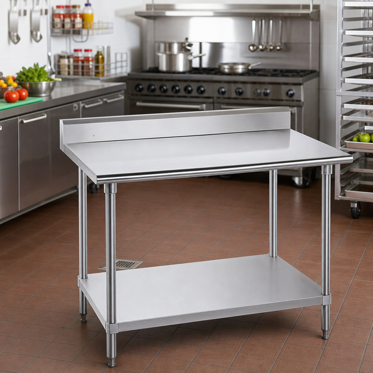 Product image #2 for Advance Tabco 48" x 30" 16-Gauge 430 Stainless Steel Work Table with 5" Backsplash and Adjustable Undershelf