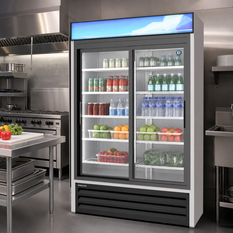 Product image #2 for Hoshizaki Two-Section Sliding Glass Door Merchandiser Refrigerator, 38.26 Cu. Ft., Bottom-Mount Self-Contained, Silver
