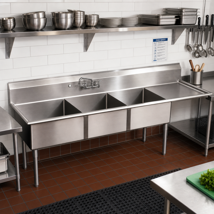 Product image #2 for 3-Compartment Pot Sink with Right-Hand Drainboard, 18-Gauge 304 Stainless Steel