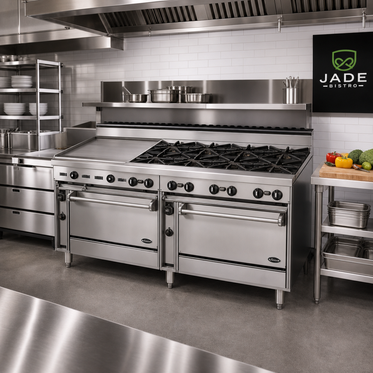 Product image #2 for Jade Bistro 72-Inch Shallow-Depth Heavy-Duty Gas Restaurant Range with 8 Open Burners, 24-Inch Griddle, Standard Oven and Convection Oven