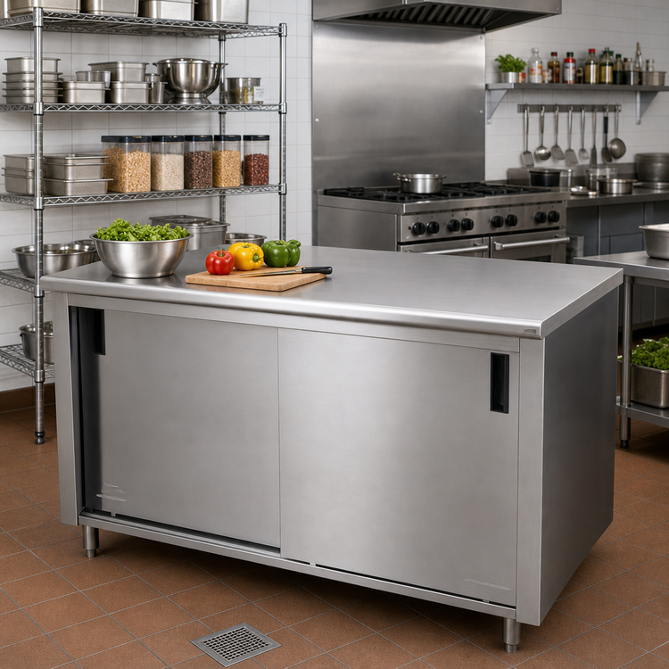 Product image #2 for Advance Tabco Special Value Series 108"W x 24"D Enclosed Work Table with Cabinet Base, Mid-Shelf and Sliding Doors