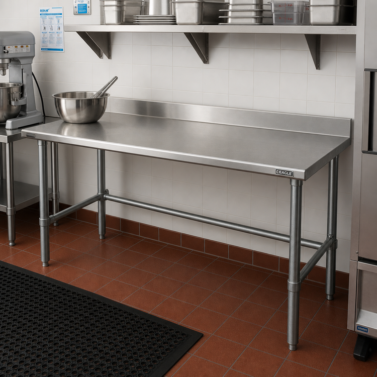 Product image #2 for Eagle Group Budget Series 72-Inch x 24-Inch 430 Stainless Steel Work Table with 4-1/2-Inch Backsplash and Galvanized Tubular Base