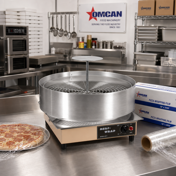 Product image #2 for Omcan USA Countertop Pizza Wrapper with Adjustable Pedestal, Adapter Disc and 14-Inch Protective Heat Shroud