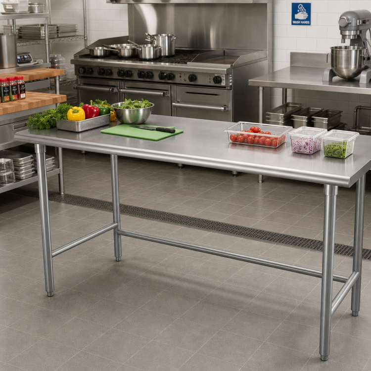 Product image #2 for Advance Tabco 84-Inch x 30-Inch Flat Top Work Table with 14 Gauge 304 Stainless Steel Top and Galvanized Open Base