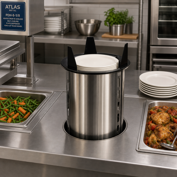 Product image #2 for Atlas Metal PDH-8-1/8 Heated Drop-In Shielded Self-Leveling Plate Dispenser for 8-1/8 Inch Round Dishes