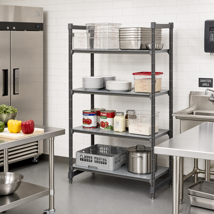 Product image #2 for Cambro Camshelving Basics Plus 4-Tier Solid Stationary Starter Shelving Unit, 18" Deep x 36" Wide x 72" High, Brushed Graphite