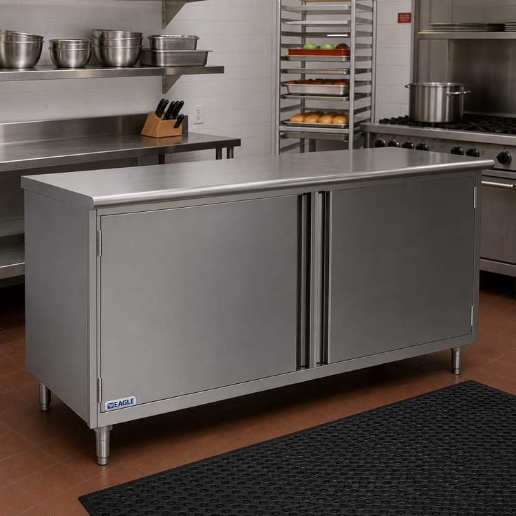 Product image #2 for Eagle Spec-Master 120-Inch x 24-Inch 14-Gauge Stainless Steel Enclosed Base Work Table with Hinged Doors