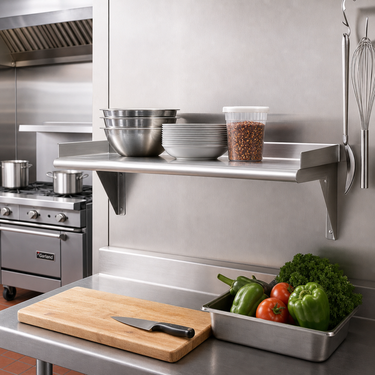 Product image #2 for Snap-n-Slide 36"W x 12"D Wall-Mounted Shelf with Rolled Front Edge, 16/304 Stainless Steel