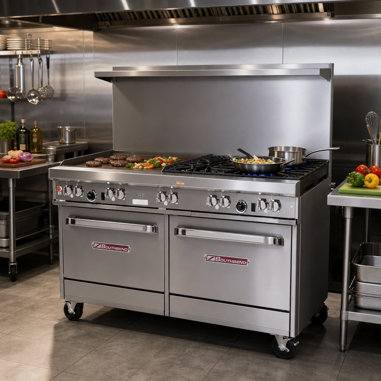 Product image #2 for Southbend Ultimate 60-Inch Gas Restaurant Range with 4 Star/Sauté Burners, 36-Inch Griddle, Convection Oven and Cabinet Base
