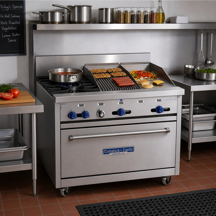 Product image #2 for Comstock-Castle F330-12-1RB 36" Gas Range with 2 Open Burners, 12" Griddle, 12" Charbroiler, and Standard Oven