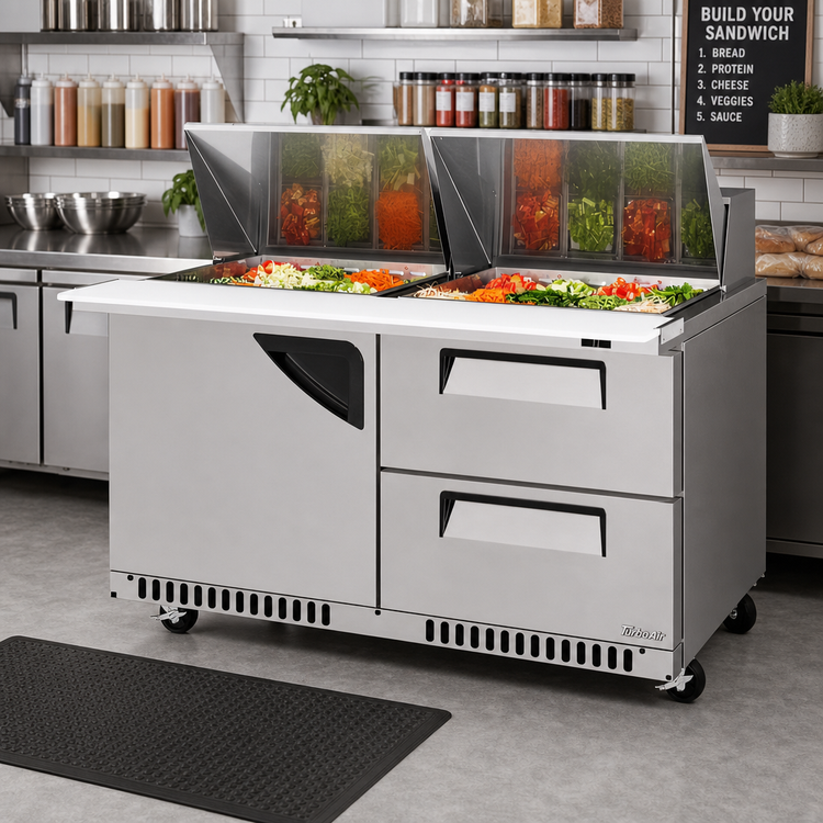 Product image #3 for Turbo Air Super Deluxe 2-Section Front Breathing Sandwich/Salad Mega Top Prep Table with 24-Pan Opening, 1 Door, and 2 Drawers