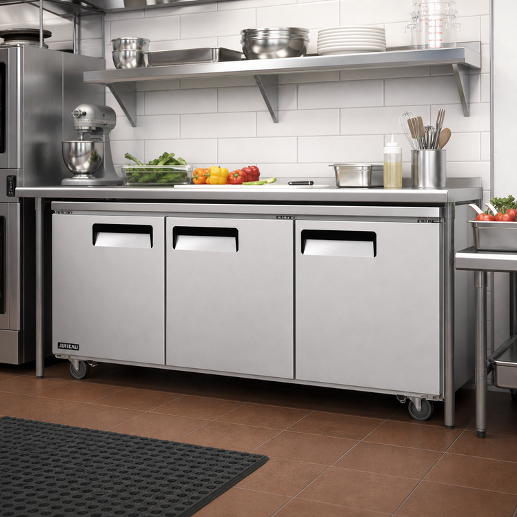 Product image #3 for Juneau Three-Section Reach-In Undercounter Freezer, 72-Inch Wide, 11 Cu. Ft., Stainless Steel, Self-Contained Bottom-Mount