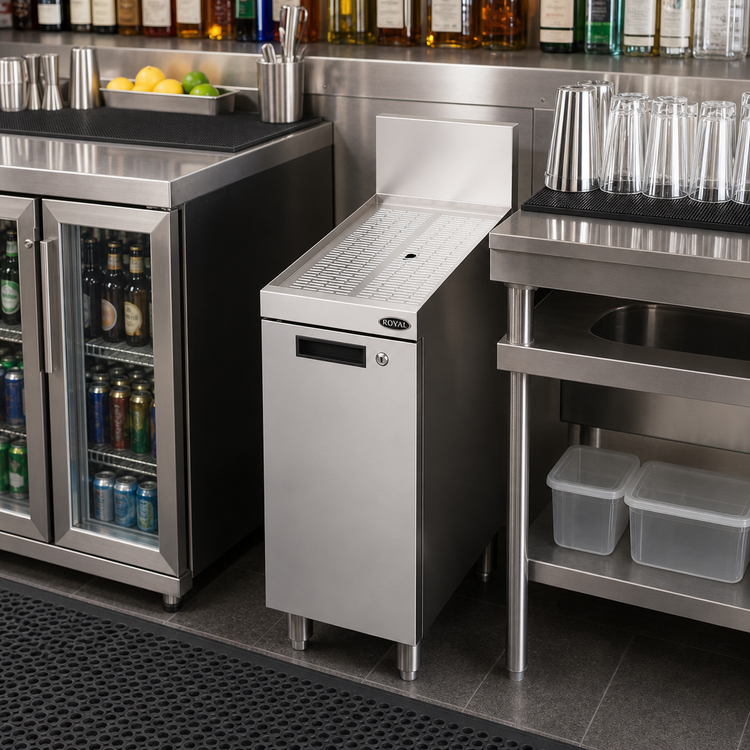 Product image #2 for Royal Series Stainless Steel Underbar Drainboard Cabinet with Locking Hinged Door, 12-Inch Wide x 24-Inch Deep
