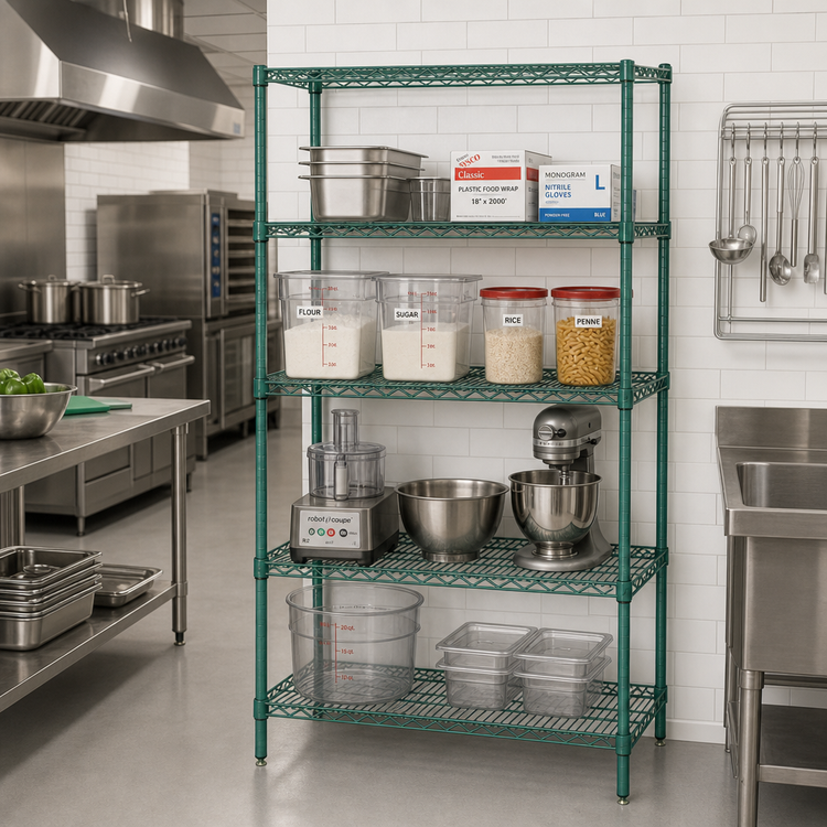 Product image #2 for Quantum 48"W x 18"D x 74"H 4-Shelf Wire Shelving Starter Kit, Green Epoxy Antimicrobial Finish