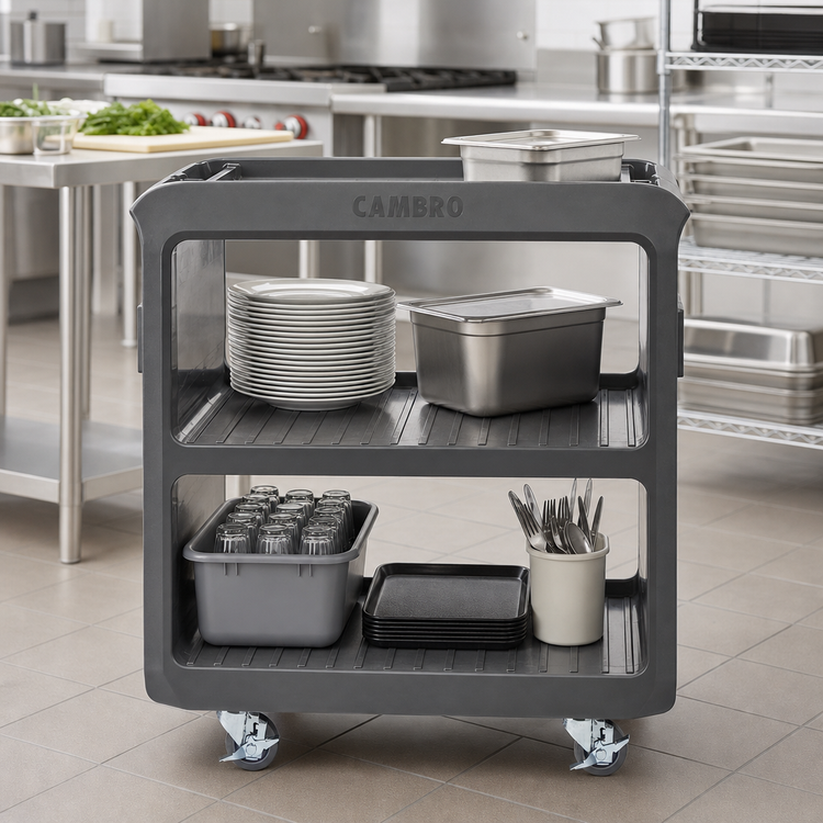 Product image #3 for Cambro Service Cart Pro Small Open-Side Bus Cart, 3 Shelves, 4 Swivel Casters, Charcoal Gray