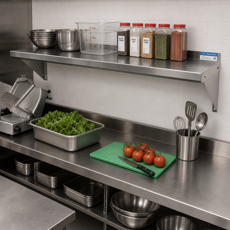 Product image #2 for BK Resources T-430 Economy Wall-Mounted Stainless Steel Shelf, 72 x 16 Inches, 18-Gauge