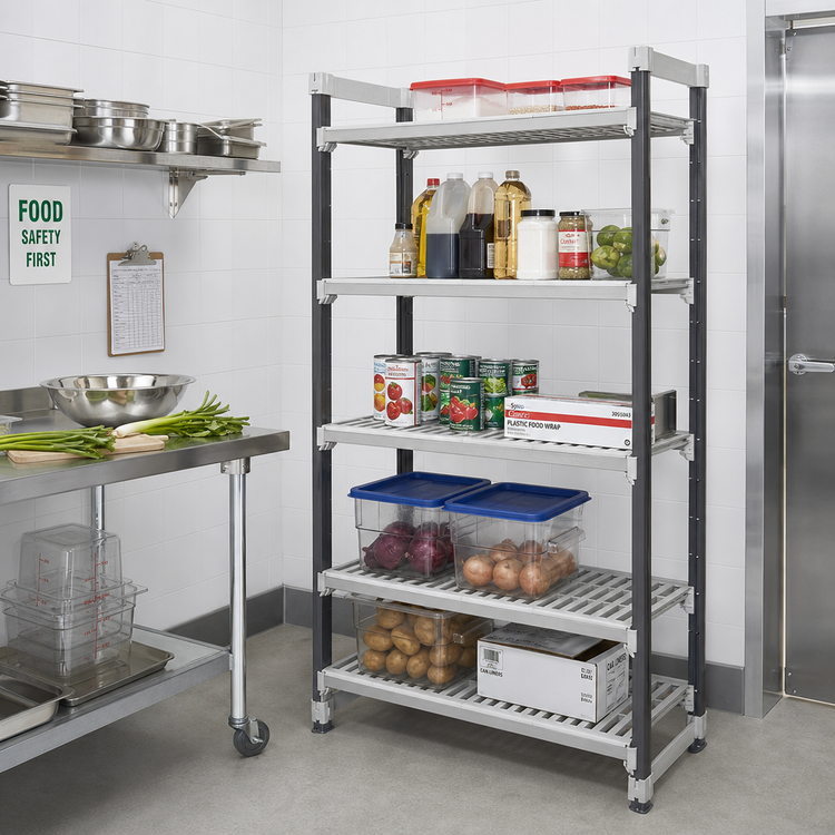 Product image #2 for Cambro Camshelving Elements XTRA High Density Top Rail Stationary Starter Unit, 24 Inch D x 42 Inch L x 81 Inch H, 5-Tier, Speckled Gray