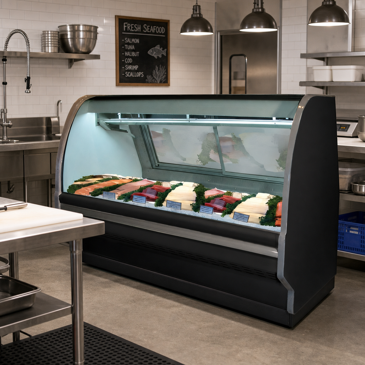 Product image #2 for Howard-McCray 40E Series Fish & Poultry Curved Glass Refrigerated Display Case, 75.5 Inch, Self-Contained, Black Exterior/White Interior, LED