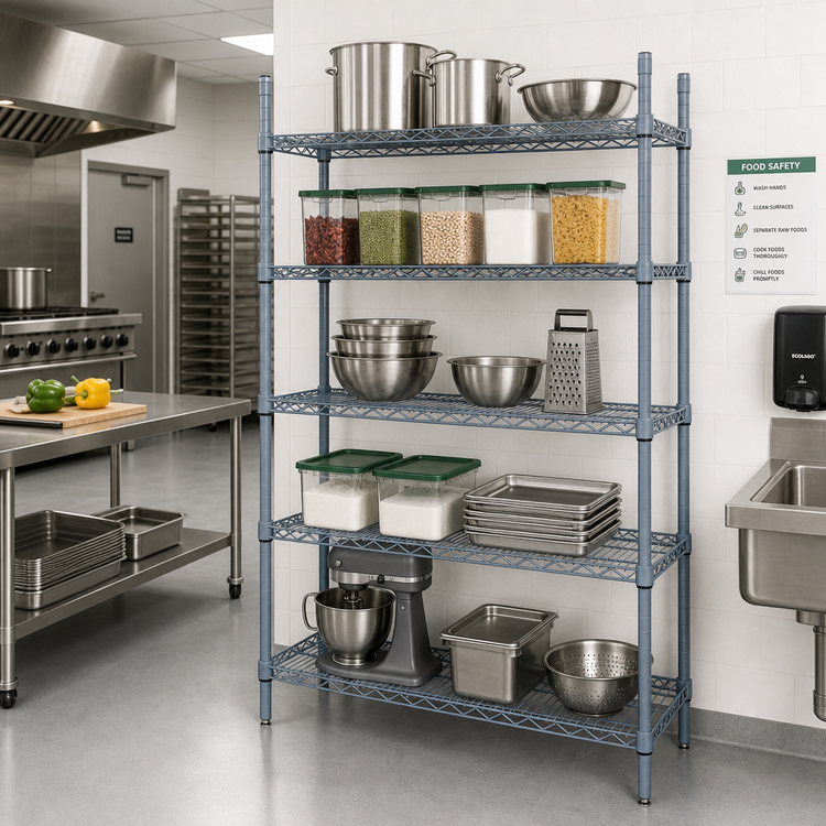 Product image #2 for Quantum 60"W x 24"D x 74"H Stationary Wire Shelving Starter Kit, 5 Shelves, Gray Epoxy Antimicrobial Finish