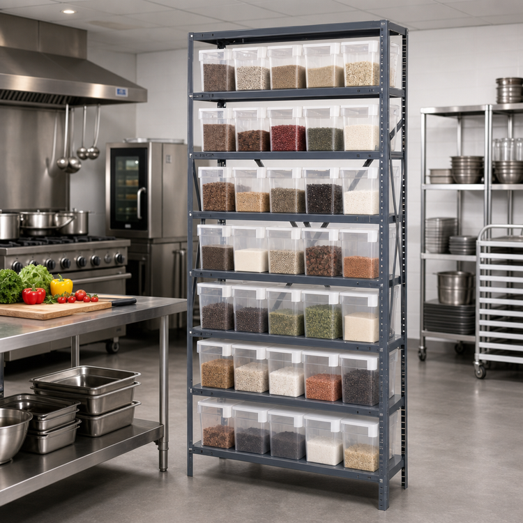 Product image #2 for Quantum Heavy Duty Stationary Wire Shelving Unit, 36" W x 12" D x 75" H, 8 Shelves, 35 Clear Bins