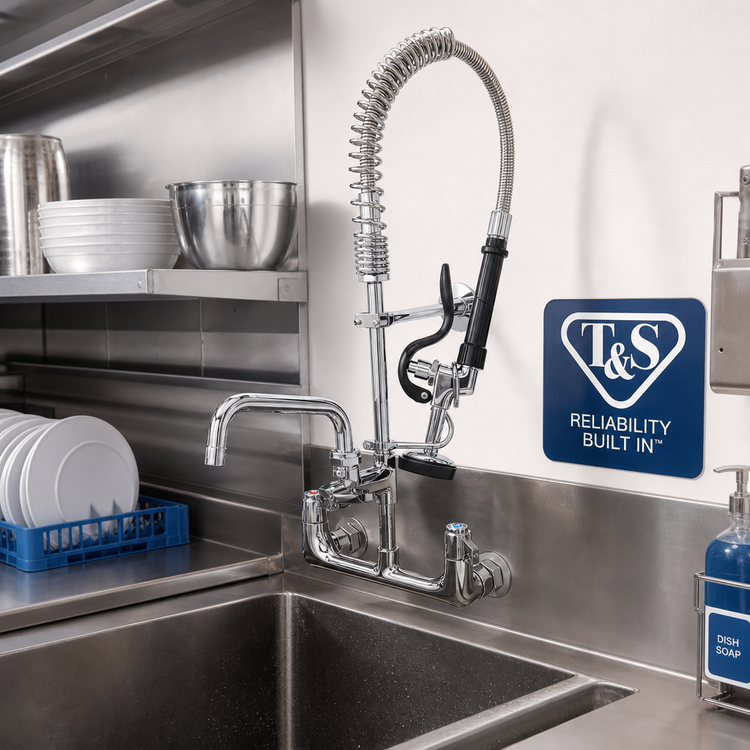 Product image #2 for T&S Brass EasyInstall Mini Wall-Mount Pre-Rinse Unit with 8-Inch Centers, 24-Inch Hose, 6-Inch Swing Spout and 1.15 GPM Spray Valve