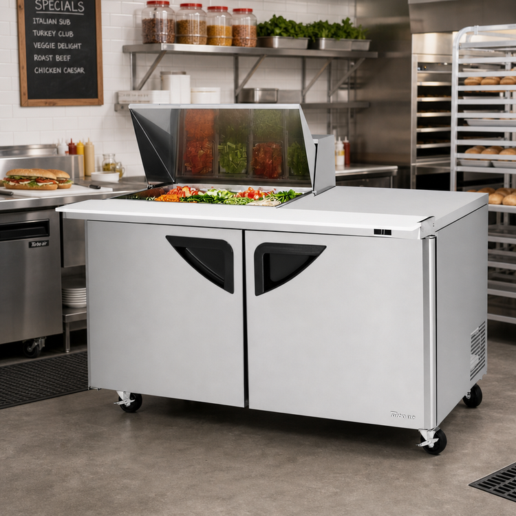 Product image #2 for Turbo Air Super Deluxe 60-Inch Mega Top Sandwich/Salad Prep Table Refrigerator, 2-Section, 12-Pan, 19 Cu. Ft.