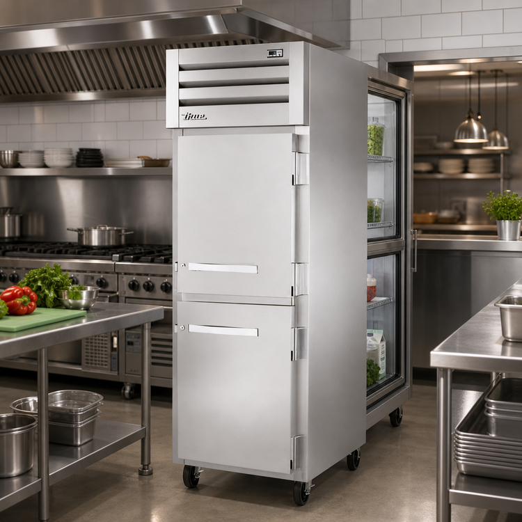 Product image #2 for True SPEC SERIES Pass-Thru One-Section Reach-In Refrigerator with 2 Solid Stainless Steel Front Half Doors and 2 Glass Rear Half Doors