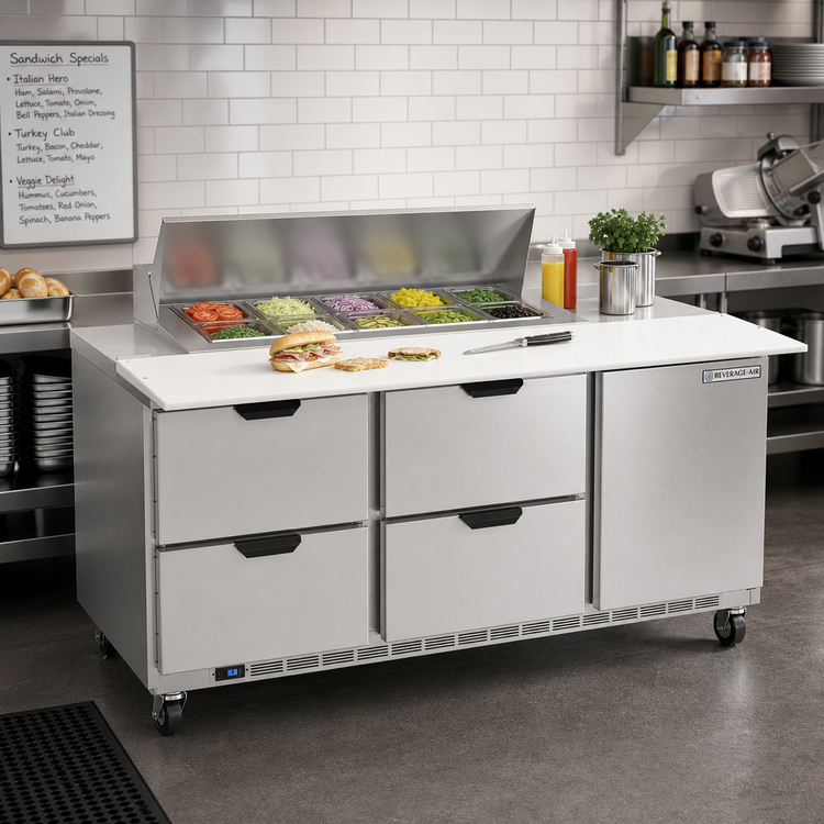 Product image #3 for Beverage-Air 72-Inch Three-Section Sandwich Prep Table Refrigerator with 17-Inch Cutting Board, 10-Pan Rail, 1 Door and 4 Drawers