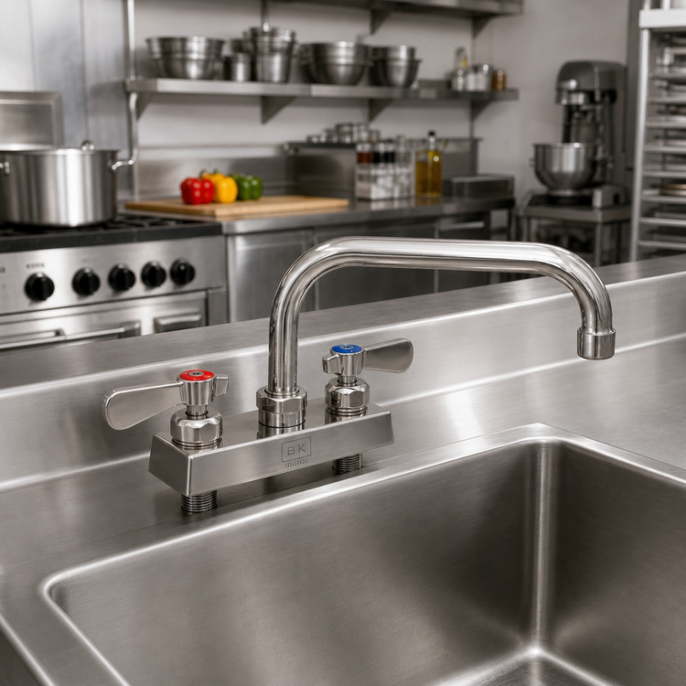 Product image #2 for BK Resources Evolution Series 4-Inch Centers Deck Mount Stainless Steel Faucet with 10-Inch Swing Spout