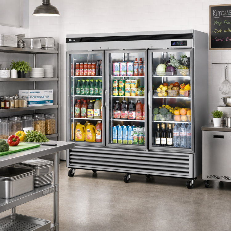 Product image #2 for Turbo Air Super Deluxe 3-Section Self-Contained Glass Door Reach-In Refrigerator, Bottom Mount, 67.02 Cu. Ft.