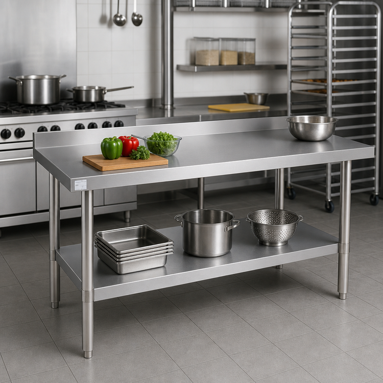Product image #2 for Klinger's Trading Heavy-Duty Stainless Steel Work Table with 2-Inch Backsplash and Galvanized Open Base, 72 x 24 x 38 Inches