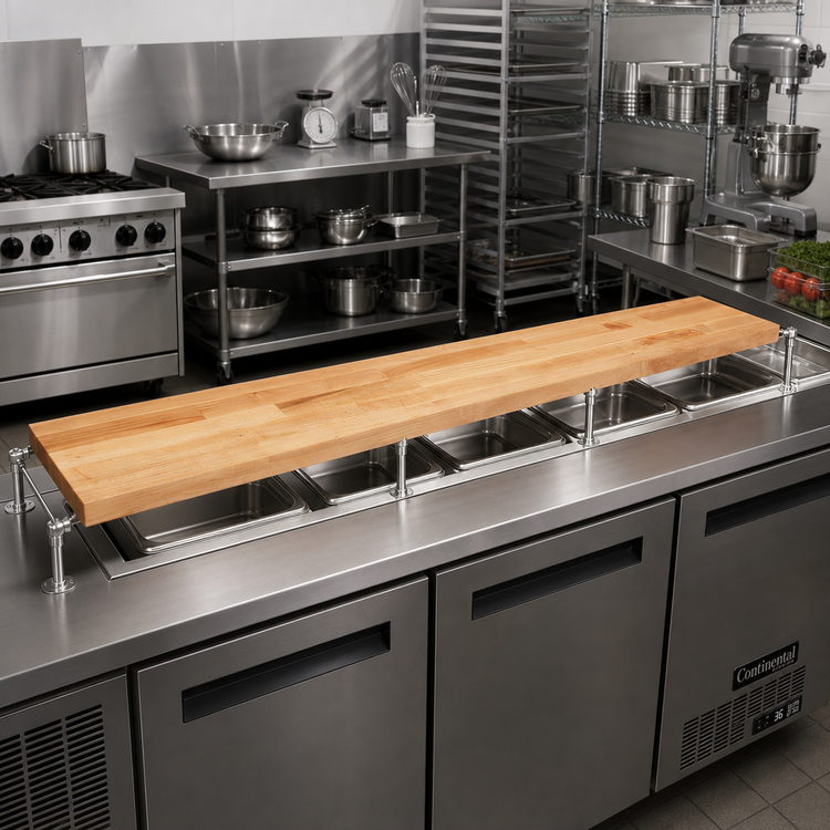 Product image #2 for John Boos Steam Table Cutting Board, 84 x 12 x 1-1/4 Inch, Edge Grain Northern Hard Rock Maple with Adjustable Stainless Steel Supports