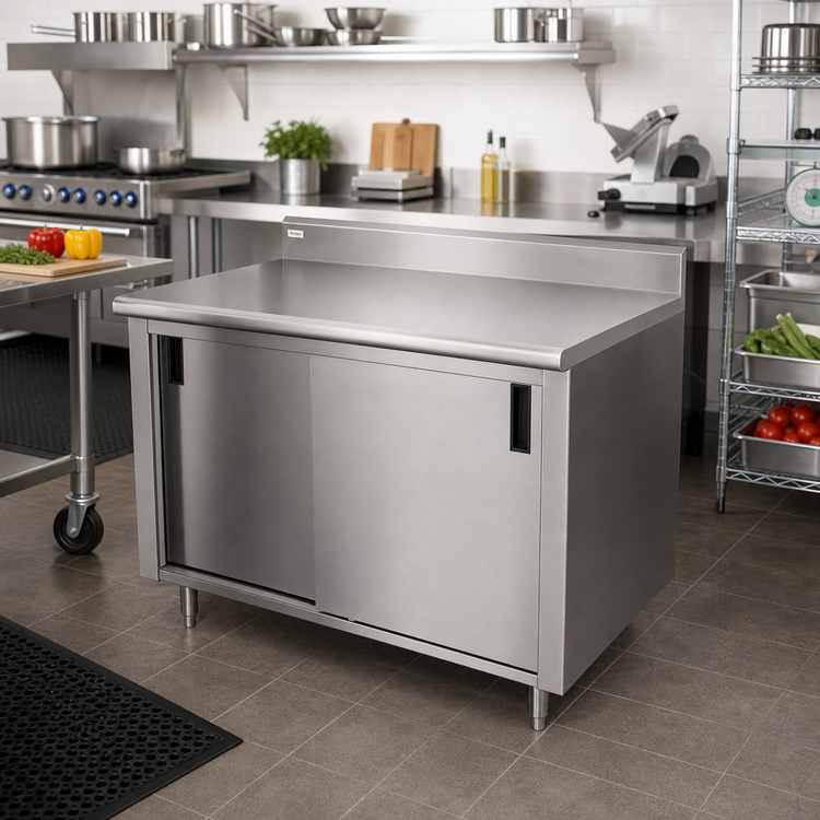 Product image #2 for Advance Tabco Special Value Enclosed Work Table with Cabinet Base, Mid-Shelf, Sliding Doors, and 5-Inch Backsplash, 108 x 30 Inches
