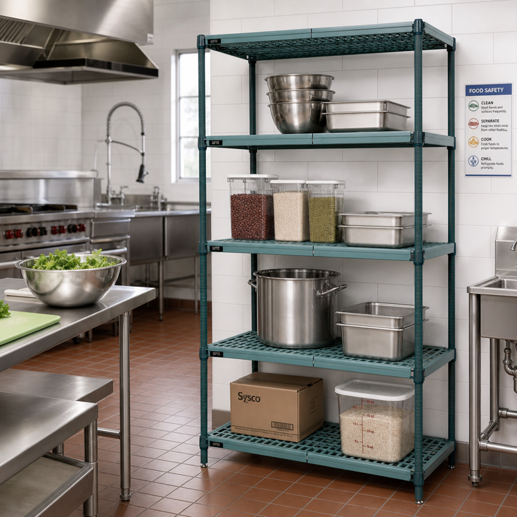 Product image #2 for Quantum 4-Tier Stationary Wire Plastic Mat Shelving Unit, 30"W x 21"D x 86"H, Green Epoxy Antimicrobial Coating