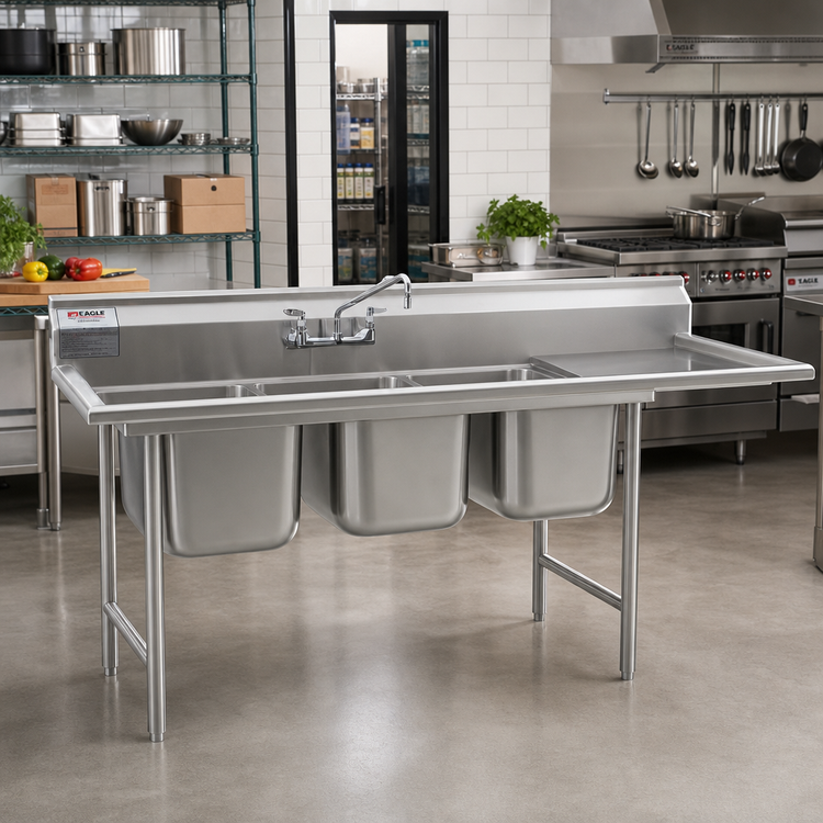 Product image #2 for Eagle Group 414 Series 104-3/4 Inch Wide Three-Compartment Sink with Right 24-Inch Drainboard, 24 x 24 x 13-1/2 Inch Bowls