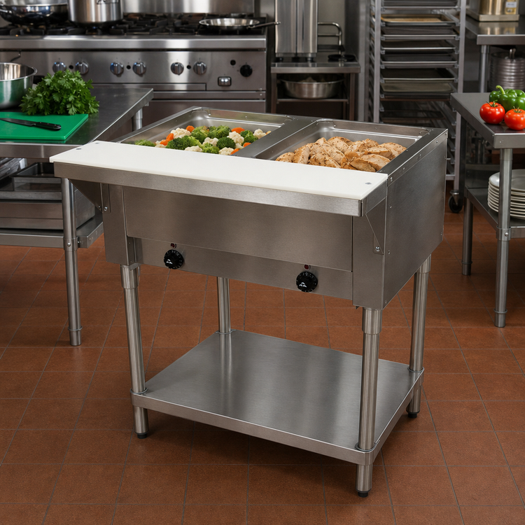 Product image #2 for Advance Tabco Triumph (Supreme) 2-Well Electric Hot Food Table with Sealed Wells, Cutting Board, and Open Base, 120V