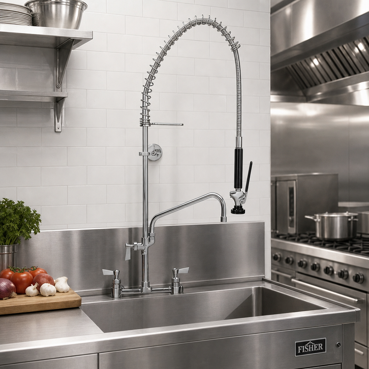 Product image #2 for Fisher Stainless Steel 8-Inch Backsplash Pre-Rinse Unit with Add-On Faucet and 12-Inch Swing Spout
