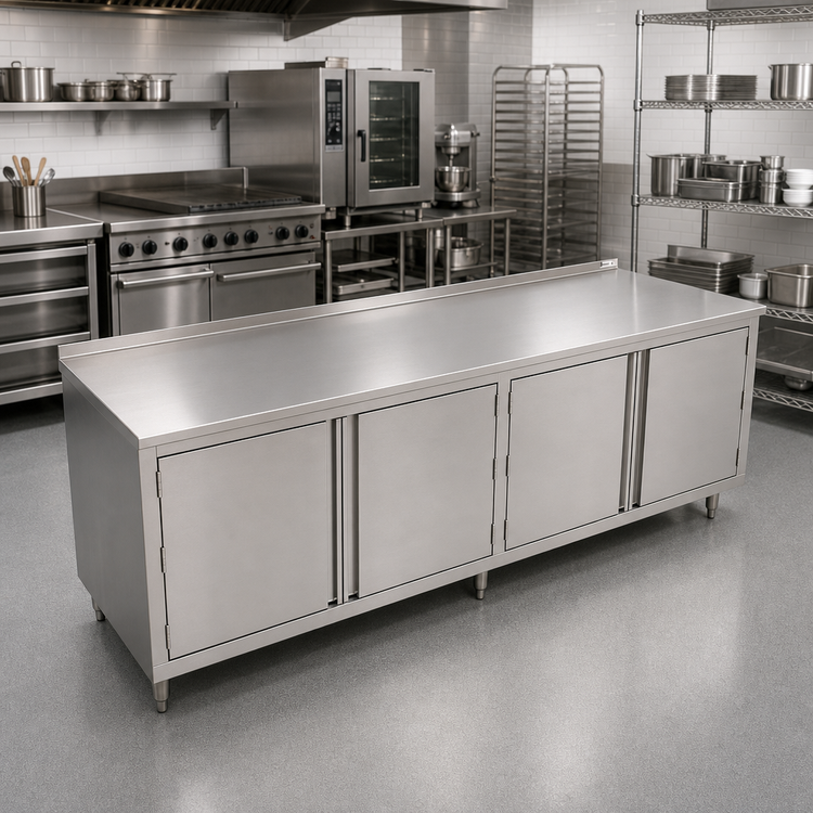 Product image #2 for John Boos 108" x 24" Enclosed Work Table, Cabinet Base with Hinged Doors, 14-Gauge Stainless Steel Top