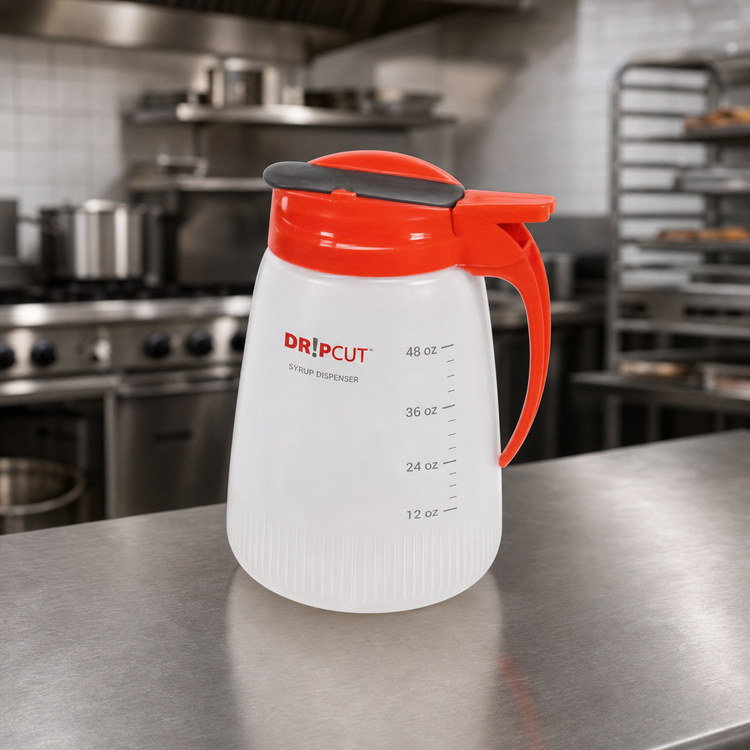 Product image #2 for Dripcut® 48 oz White Polyethylene Syrup Dispenser with Graduated Markings and Red Plastic Top