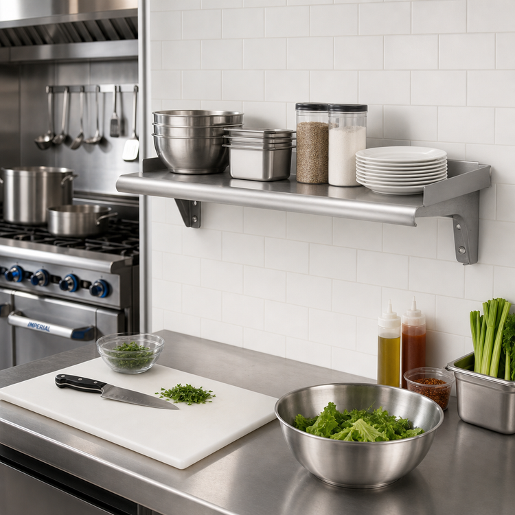 Product image #2 for Eagle Group Snap-n-Slide 24 x 15 Inch Wall-Mounted Stainless Steel Shelf with Rolled Front Edge