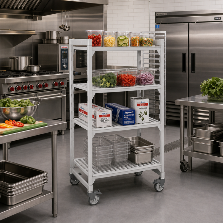 Product image #3 for Cambro Camshelving Premium 24-Inch Deep x 42-Inch Long 4-Shelf Vented High Density Mobile Starter Unit