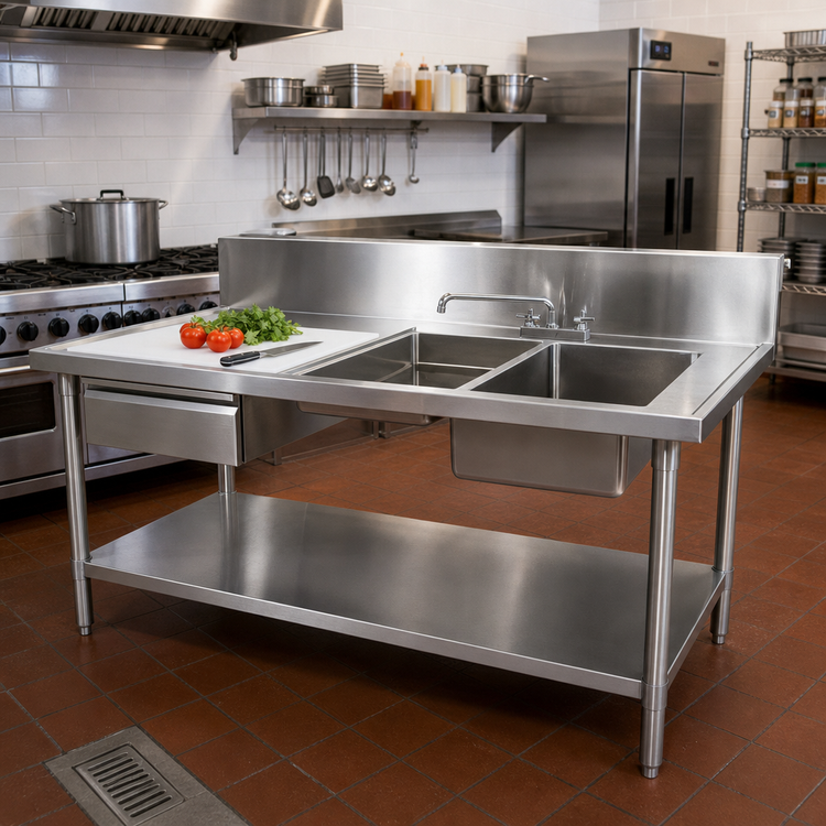 Product image #2 for 96 Inch 2-Compartment Right-End Stainless Steel Sink Prep Table with Cutting Board and Drawer